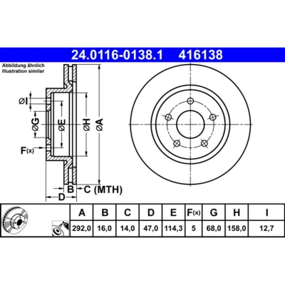 Abbildung von ATE 24.0116 0138.1 Bremsscheibe 292 16,0 5 114,3 voll beschichtet NISSAN: Leaf II, Qashqai 2, X Trail, RENAULT: Koleos 2