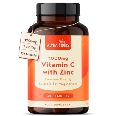 Abbildung von Vitamin C Hochdosiert 1000mg + Zink 15mg 400 Tabletten für 1+ Jahr Vegetarian und ohne unnötige Zusatzstoffe Unterstützung des Immunsystems Alpha Foods