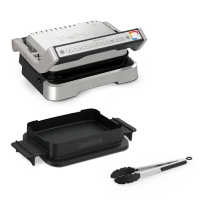 Abbildung von Tefal OptiGrill 4in1 Kontaktgrill mit Backschale, Aufklappbar, Tischgrill, 9 Programme, Garstufenanzeige, Elektrogrill, Backofen, GC776D10, Edelstahl/Schwarz