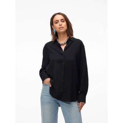 Abbildung von VERO MODA Damen Hemd Basic Rundhals Bluse Locker geschnitten Oberteil, Farben:Schwarz, Größe:L