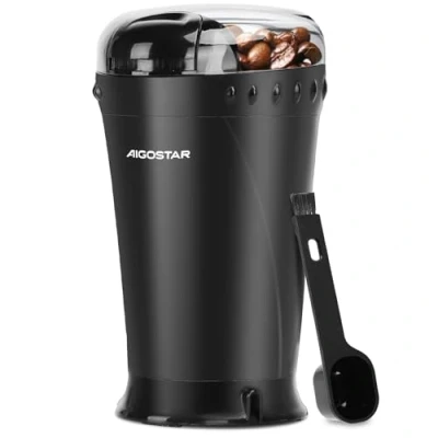 Abbildung von Aigostar Kaffeemühle Elektrisch Gewürzmühle Kaffee Mühle für Kaffeebohnen, Getreide, Gewürze und Nüsse, Edelstahl Schlagmesser, 60g Bohnenbehälter, Elektrische Propellermühlen,150 Watt, Schwarz