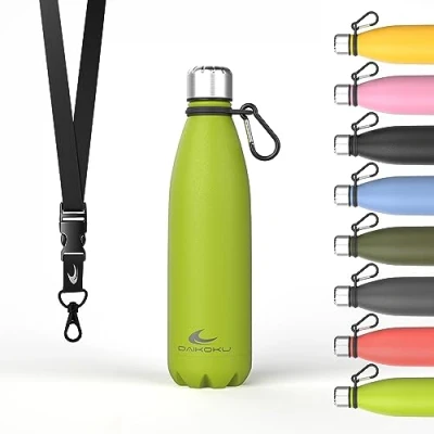 Abbildung von Daikoku Edelstahlflasche + verstellbarer Riemen Karabiner, BPA freie doppelwandige Thermosflasche, wiederverwendbare Wasserflasche, luftdichter Verschluss, Sportflasche, Fluorgrün, 500ML
