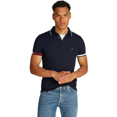 Abbildung von Tommy Hilfiger Herren Poloshirt Kurzarm Flag Cuff Slim Fit, Blau (Desert Sky), S