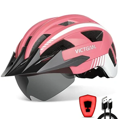 Abbildung von VICTGOAL Fahrradhelm Herren Damen MTB Helm mit Abnehmbarer Magnetische Schutzbrille Visier Atmungsaktiv 21 Belüftungskanäle Radhelm Einstellbare Fahrradhelme (L: 57 61cm, Rosa)