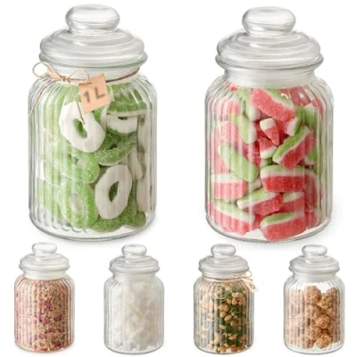 Abbildung von Praknu Candy Bar Gläser Groß 1L Luftdicht 6er Set Vintage Bonbonglas mit Deckel &amp; Etiketten Robustes Glas Spülmaschinenfest für Kekse Süßigkeiten