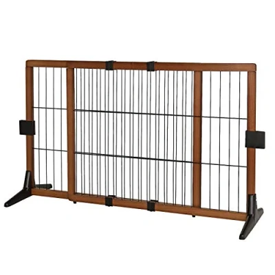 Abbildung von lionto Hundeschutzgitter längenverstellbar, Welpenschutzgitter aus attraktivem Pinienholz sorgt für Sicherheit, Höhe 70 cm, Robustes Absperrgitter Treppen/Türen, einfacher Aufbau, braun/schwarz