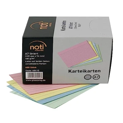 Abbildung von Karteikarten A7, 105 x 74mm liniert, farbig sortiert, 400 Stück in praktischer Spenderbox, für Vokabeln, als Lernkarten, Moderationskarten, Büro und Schule 180g/m²