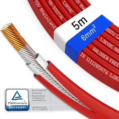 Abbildung von hb digital 5m Solarkabel H1Z2Z2 K TÜV Rheinland geprüft 6mm2 UV beständig flexibel PV Kabel Reines Kupfer 1500V Verlängerungskabel Photovoltaik für Solarpanel Solarmodule Laderegler rot