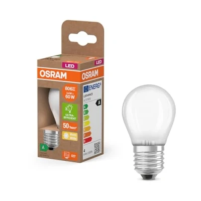 Abbildung von Osram Energy Class LED Lampe in klassischer Miniballform, 3.8 W / 806 lm, EEK A, warmweißes Licht (2700 K), CRI 80, aus gefrostetem bleifreiem Glas, E27 Sockel, IP20, 45 mm Durchmesser.