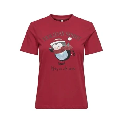 Abbildung von ONLY Damen Onlkita Life Reg S/S Top Box Xmas JRS T Shirt, Urban Red/Print:Christmas Penguin, Medium