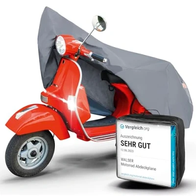 Abbildung von Walser Premium Motorrad Abdeckplane S, Auszeichnung Sehr Gut* wasserdicht, Vespa aus PVC, Outdoor Plane, Zubehör, grau 185x90x110 cm