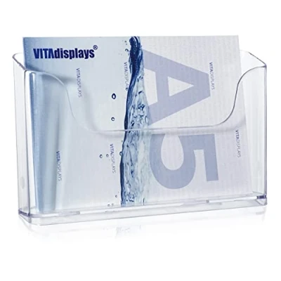 Abbildung von VITAdisplays DIN A5 Tischprospektständer als Flyerständer im Querformat, transparenter Flyerhalter und standfester Tisch Prospekthalter, 2 Stück