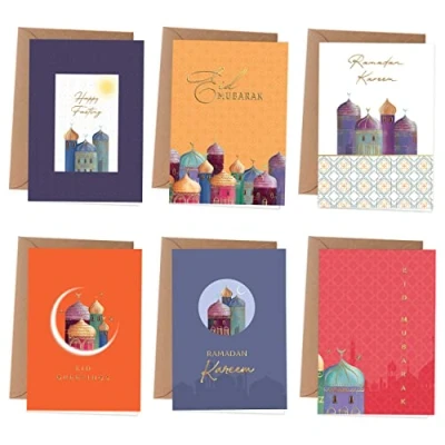 Abbildung von Papierdrachen 6 Klappkarten zu Ramadan Grußkarten als Klappkarte inklusive Umschlag zum Zuckerfest Grüße an die Familie Stilvolles Design Motiv bunt &amp; goldfoliert Set 2