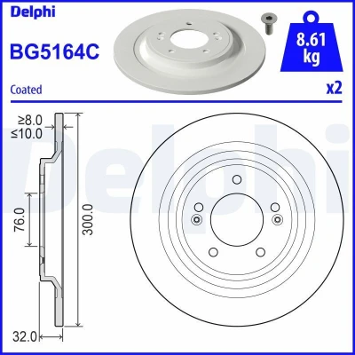 Abbildung von Bremsscheibe DELPHI BG5164C hinten, voll, 1 Stück