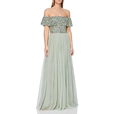 Abbildung von Maya Deluxe Damen Ladies Bardot Dress Women Maxi Embellished Hight Empire Waist Sleeveless Tulle for Wedding Guest Prom Graduation Brautjungfernkleid, Green Lily, 48