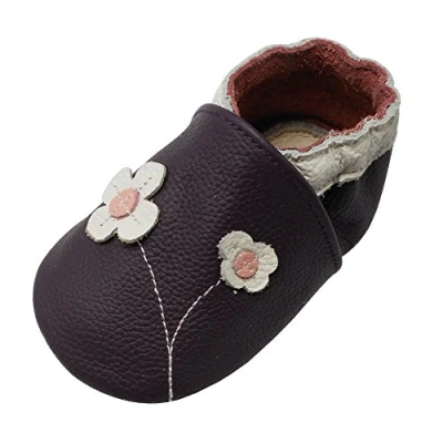 Abbildung von YALION Baby Mädchen Weiches Leder Lederpuschen Kleinkinder Krabbelschuhe mit Süßen Blumen Lila,EU 18/19=S