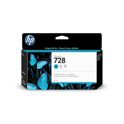 Abbildung von HP 728 Cyan 130 ml Original Druckerpatrone (F9J67A) mit originaler Tinte, für DesignJet T730 und T830 Großformatdrucker sowie den 729 Druckkopf