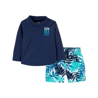 Abbildung von Simple Joys by Carter&#039;s Baby Jungen Swimsuit Trunk and Rashguard Rash Guard Set, Marineblau Weiß Tropisch, 2 Jahre