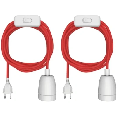 Abbildung von ledscom.de 2 Stück Textilkabel LEHA II, Stecker, Schalter, rot, weiß, 3 m, Porzellan Fassung, 1x E27 max. 300W