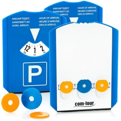 Abbildung von com four® 3X Parkscheibe mit Eiskratzer, Gummilippe und 3 Einkaufswagenchips Parkuhr aus ABS Kunststoff (03 Stück Chip)
