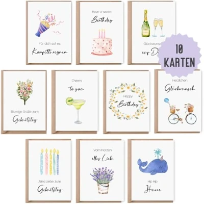 Abbildung von 10 Geburtstagskarten Glückwunschkarten zum Geburtstag Set Klappkarten Happy Birthday inklusive Naturkuvert Karten aquarell (Geburtstag)