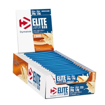 Abbildung von Dymatize Elite Layer Bar White Choc Vanilla &amp; Caramel 18x(2x30g) High Protein Low Sugar Riegel