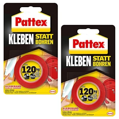 Abbildung von Henkel Pattex Kleben statt Bohren Klebeband, extra starkes doppelseitiges Doppelklebeband für Montagearbeiten innen &amp; außen, Wandbefestigung ohne Bohren, Vorteilspack mit 2 Stück, 9H PXMT2X