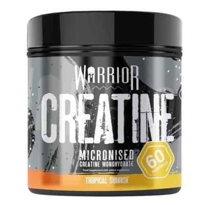 Abbildung von Warrior Kreatin Monohydrat Pulver 300g Mikronisierte Verbessert nachweislich die körperliche Leistungsfähigkeit und Regeneration (als Tabletten, keine Gummies) 5g pro Portion (Tropical Sunrise)