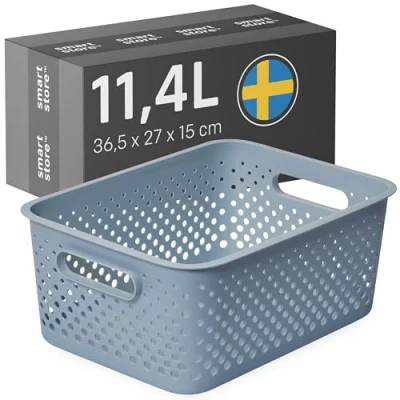 Abbildung von SmartStore Aufbewahrungskorb mit Griffen in blau 11,4L (36,5x27x15cm) I Körbchen Aufbewahrung aus recyceltem Kunststoff Essence L Aufbewahrungsboxen 10 Jahren Garantie
