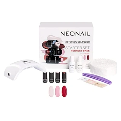 Abbildung von NeoNail Perfect Base Starter Set mit Lampen LCD Display, 3 x Nagellacken und Zubehör
