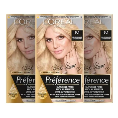 Abbildung von L&#039;Oréal Paris Permanente Haarfarbe, Haarfärbeset mit Coloration und Farbglanz Pflegebalsam, Préférence, 9.1 Sehr Helles Aschblond, 3er Set