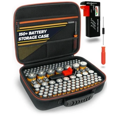 Abbildung von AKIELO+ Batterie Aufbewahrungsbox box mit Universalem tester und Schraubendreher Unordnungfreie Batteriebox Aufbewahrung Fasst 150+ Batterien AA, AAA, C, D, 9V