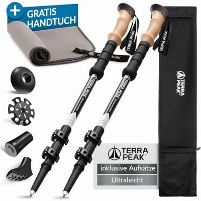 Abbildung von Terra Peak Wanderstöcke Teleskop Aluminium ausziehbar, Ultra leicht Trekkingstöcke &amp; Nordic Walking Stöcke verstellbar Damen Herren mit Gummipuffer Kork Griff Wander Stock Hiking Poles