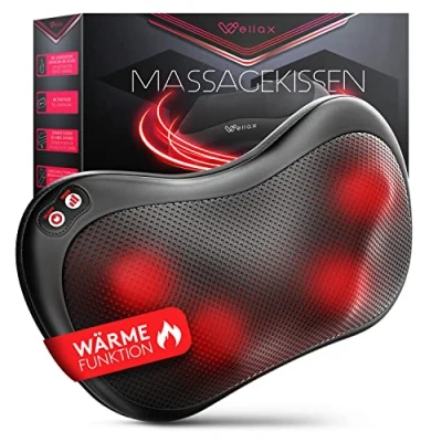 Abbildung von Wellax Massagekissen mit Wärmefunktion &amp; 360 Drehung Shiatsu Nackenmassagegerät 3 Geschwindigkeiten für Schultern Rücken inkl. Verlängerungsgurt Neck Massager, Schwarz