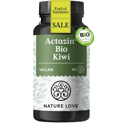 Abbildung von NATURE LOVE® Bio Kiwi Darmkur 60 Kapseln 25000 AE Actinidain pro Tagesdosis ACTAZIN® Kiwipulver in Rohkostqualität zertifiziert, vegan, ohne unnötige Zusätze und laborgeprüft