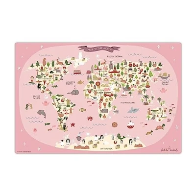 Abbildung von Schreibtischunterlage abwischbar für Kinder Weltkarte in rosa mit Tieren 60 x 40 cm aus hochwertigem Vinyl Made Germany