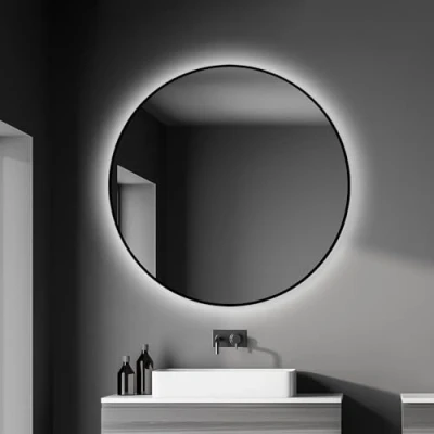 Abbildung von Talos Black OROS Spiegel rund Ø 100 cm runder Wandspiegel in matt schwarz Badspiegel mit hochwertigen Aluminiumrahmen Badezimmerspiegel indirekter LED Beleuchtung
