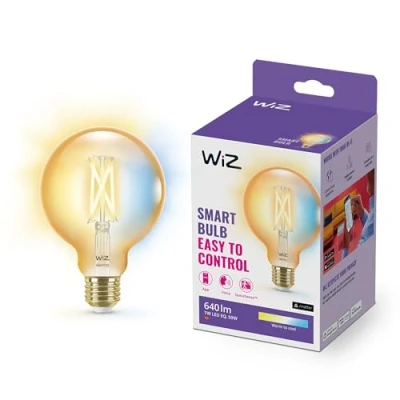 Abbildung von WiZ Tunable White Amber LED Lampe E27 (640 lm), 50 W Filament im Vintage Design mit bernsteinfarbenem dimmbarem Licht, smarte Lichtsteuerung über WLAN per Stimme/App