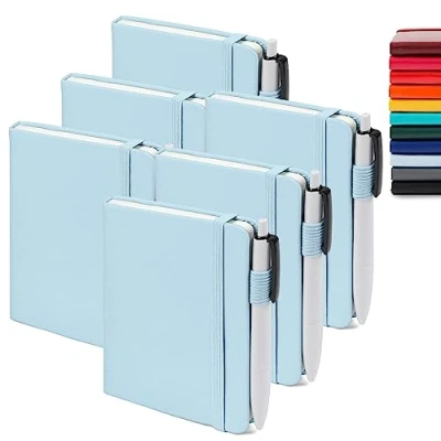 Abbildung von Feela Notizbuch A6, 6 Stück Notizblock klein, Journale Buch Bulk mit Gelstiften schwarz, 112 Seiten, 80GSM, 9x14cm, Mini liniert geeignet für Büro, Schule, Notizheft PU Leder, hellblau