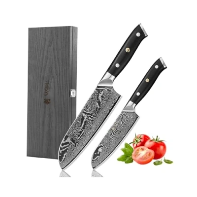 Abbildung von Wakoli Nitoko 2er Set Damastmesser Profi Santoku Küchenmesser 67 Lagen Damaststahl G10 Griff, durchgehender Erl Inklusive Holzbox und Fingerschutz