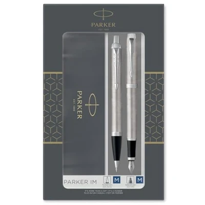 Abbildung von Parker IM Duo Geschenkset mit Kugelschreiber &amp; Tintenroller Brushed Metal Goldzierteilen Nachfüllen schwarz Geschenkbox, 1 stück (1er Pack)