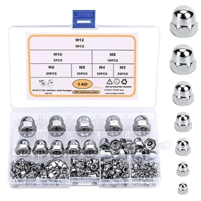 Abbildung von Belle Vous Eichelmuttern Sechskant Hutmuttern Edelstahl (140 Stk) M3, M4, M5, M6, M8, M10 &amp; M12 Set Fahrrad Hutmutter mit Aufbewahrungskoffer für Innen Außenbereich