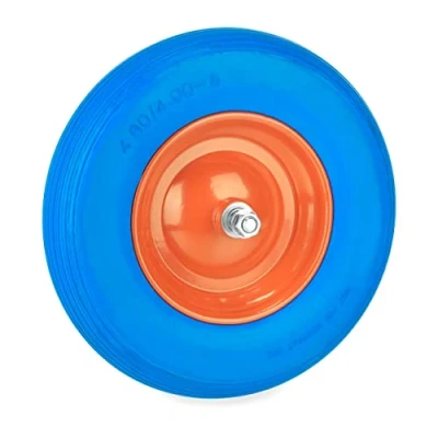 Abbildung von Relaxdays Schubkarrenrad 4.80 4.00 8, Vollgummi, Stahlfelge, mit Achse, Ersatzrad Schubkarre, pannensicher, blau/orange