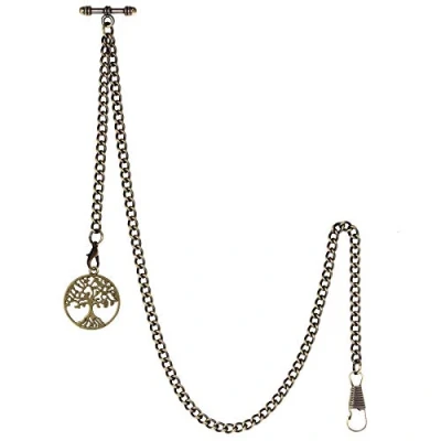 Abbildung von TREEWETO Taschenuhrkette mit T Bar Endstück Albert Taschenuhr Kette Antiker Lebensbaum Anhänger und 2 Haken für Weste Knopfloch Bronze