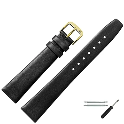 Abbildung von MARBURGER Uhrenarmband 14mm Leder Schwarz Gold Glatt Montage Set 7101410000220