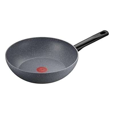 Abbildung von Tefal G28019 Natural On Wokpfanne 28 cm Mineralia+ Antihaftversiegelung Thermo Signal für alle Herdarten geeignet Induktion Fusion Mineralia Stein Effekt, Grau