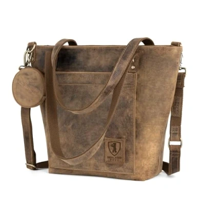 Abbildung von Berliner Bags Vintage Umhängetasche Verona, Große Schultertasche aus Leder mit YKK Reißverschluss, Shopper, Henkeltasche für Damen Braun