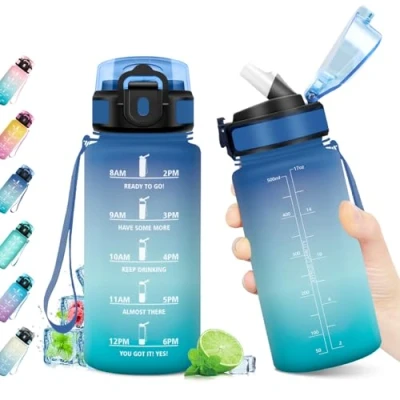 Abbildung von Wasserflasche 500ml, Trinkflasche mit Strohhalm, Sport Auslaufsicher Zeitmarkierung, BPA frei, Kohlensäure Geeignet, Ideal für Outdoor, Fitness, Schule, Büro, Erwachsene, Fahrrad
