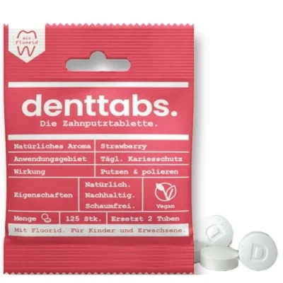 Abbildung von Denttabs Zahnputztabletten Erdbeergeschmack 125 Stk. die vollwertige Alternative zur Zahnpasta, mit angepasstem Fluoridgehalt für Kinder VEGAN Plastikfrei ohne Konservierungsstoffe. kompostable Bag