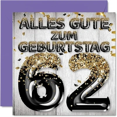 Abbildung von Stuff4 62. Geburtstagskarte für Männer Schwarz Gold Glitzerballons Alles Gute zum Geburtstagskarten 62 Jährige Mann Papa Opa Onkel, 145mm Zweiundsechzig Geburtstag Grußkarten